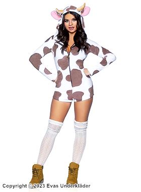 Cow, costume romper, long sleeves, front zipper, tail